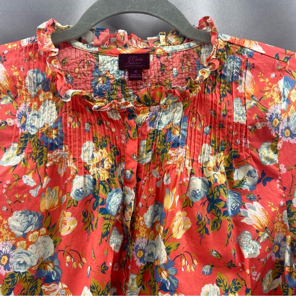 J.Crew Liberty Fabric Josephine Pintuck Popover Blouse Coral Floral Ruffle Neck - Picture 3 of 9